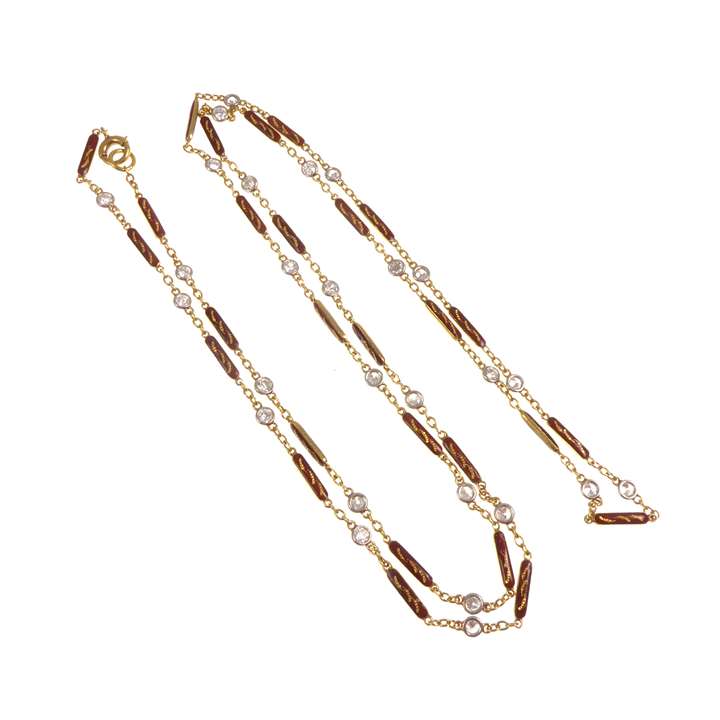Diamond and red enamel baton chain necklace